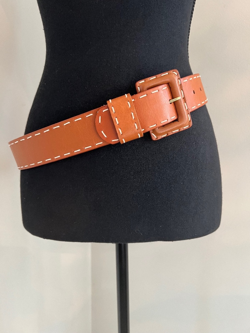Women's Genuine Leather Loft Brown Cognac Cream Stitched Belt with Leather Clad
